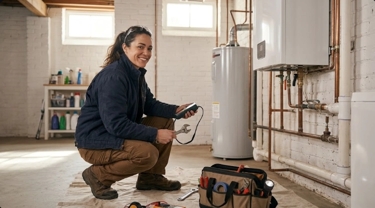 Plumber using a digital meter to test black iron gas piping connections and pressure in a residential basement