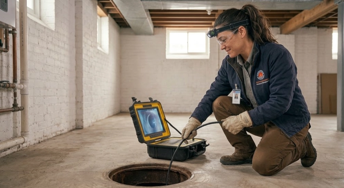 Licensed plumber conducting a sewer camera inspection using a digital monitor in a residential basement